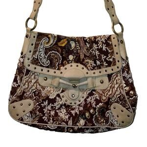 Cristiana Beaded Messenger Shoulder Saddle Bag Purse Boho Paisley Brown Gold Tan